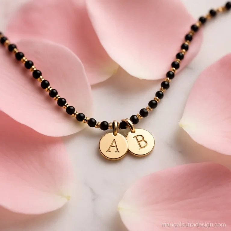 Newly married mangalsutra with two tiny gold discs engraved with initials
