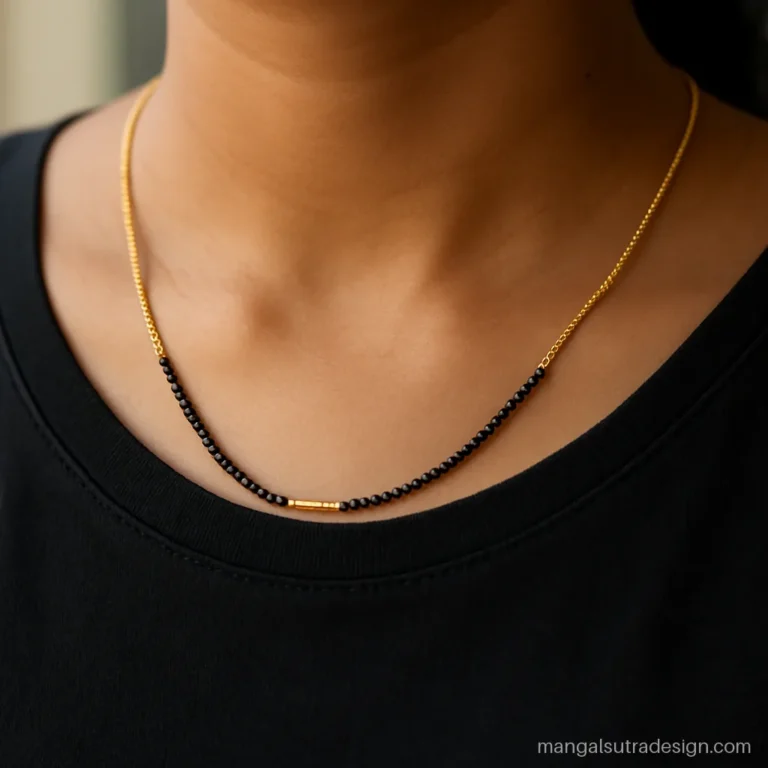 Daily wear modern mangalsutra with a plain gold chain layered over a bead strand