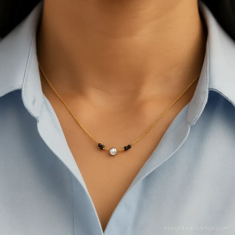 Office wear mangalsutra with a tiny diamond on a short chain under a shirt collar