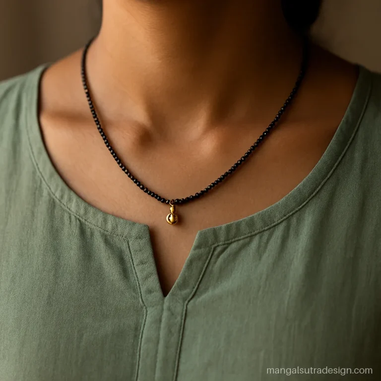 Daily wear gold mangalsutra with a tiny flower bud drop on one strand
