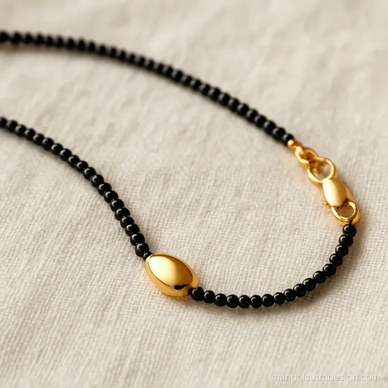 Simple mangalsutra design with a single black bead strand and one gold oval bead