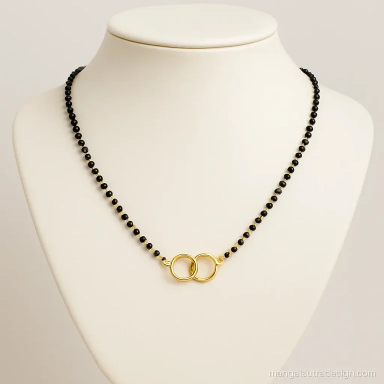 Simple gold mangalsutra design with two small linked gold circles on black beads