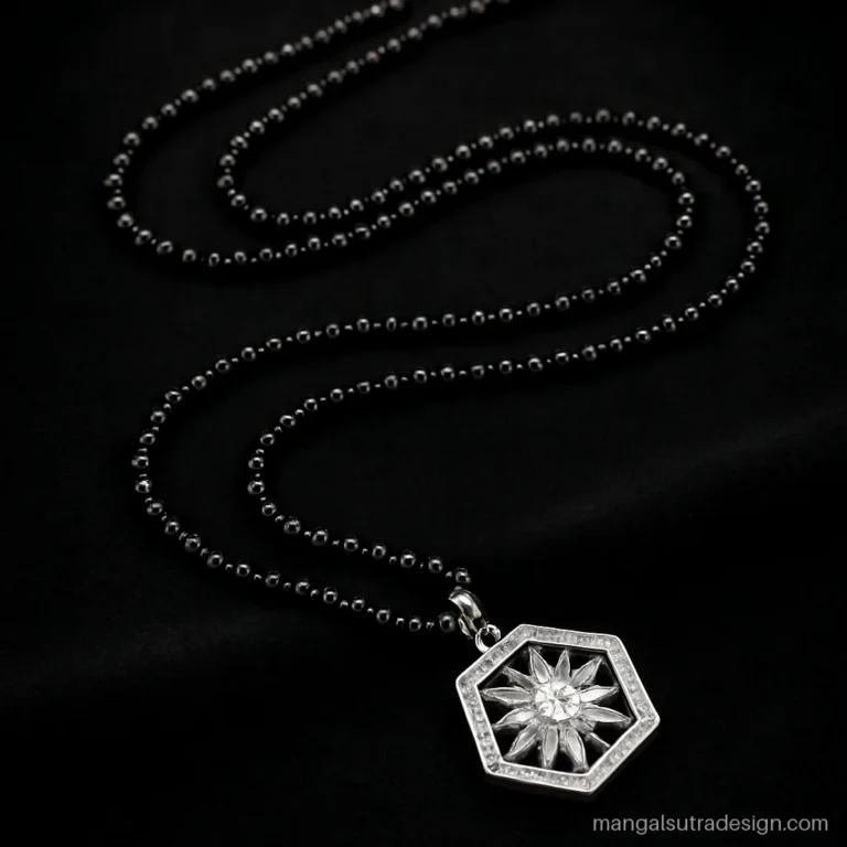 Long AD mangalsutra with layered black bead strands and a CZ geometric pendant