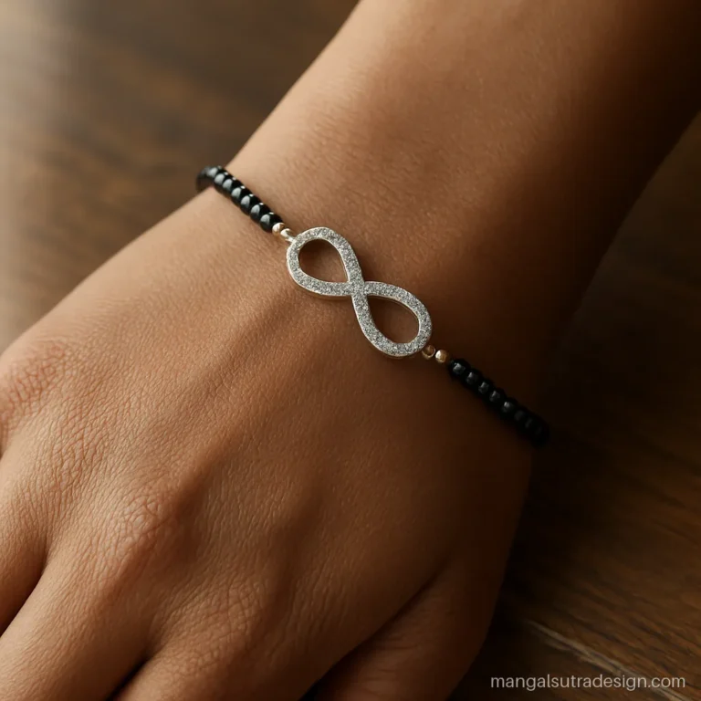 Diamond mangalsutra bracelet with a pave infinity link and black bead chain