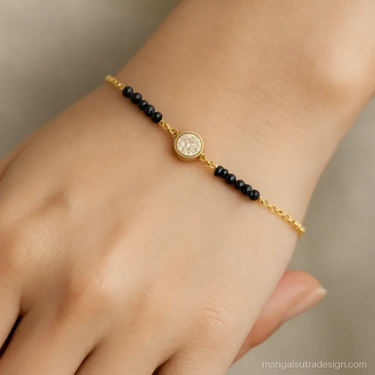 Diamond mangalsutra bracelet with one solitaire between two black bead loops on the wrist