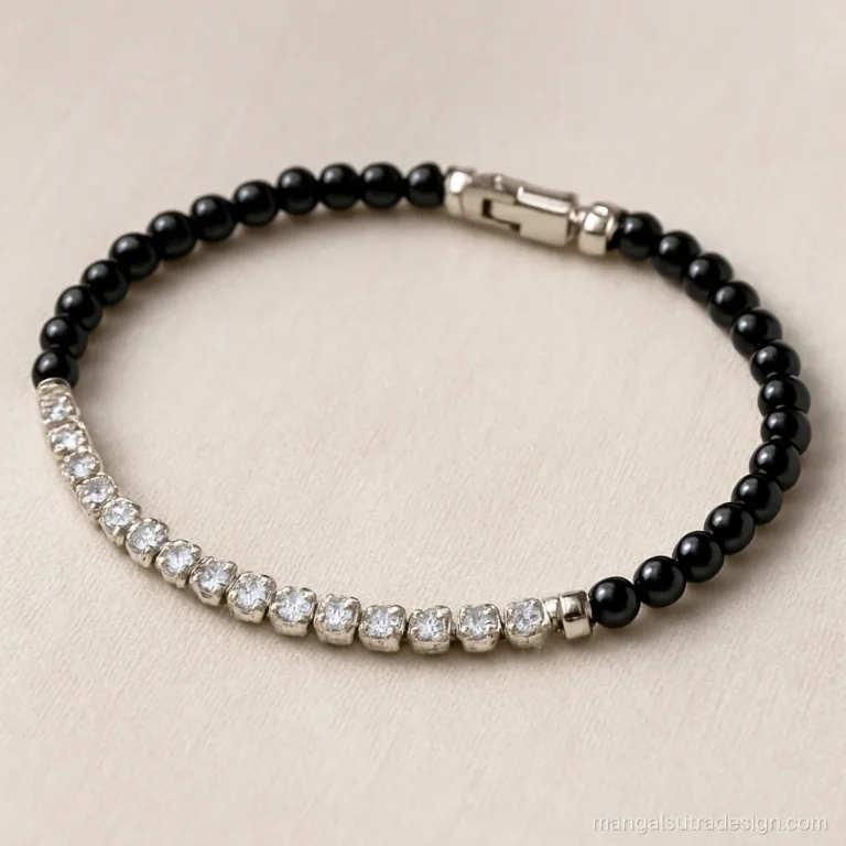 Diamond mangalsutra bracelet with half tennis line of diamonds and half black beads