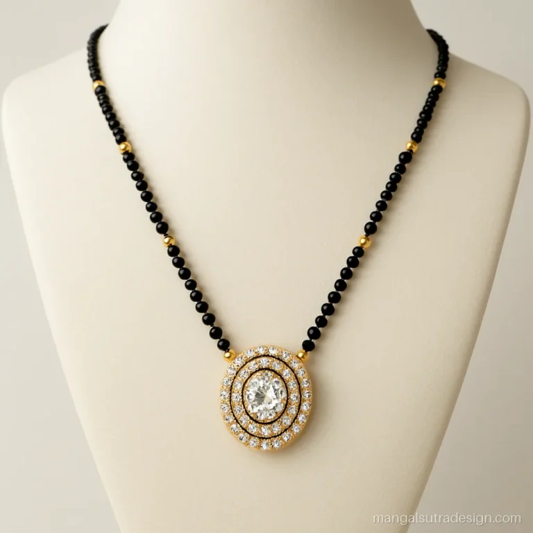 Long diamond mangalsutra with a big tanmani style diamond pendant on a double bead strand
