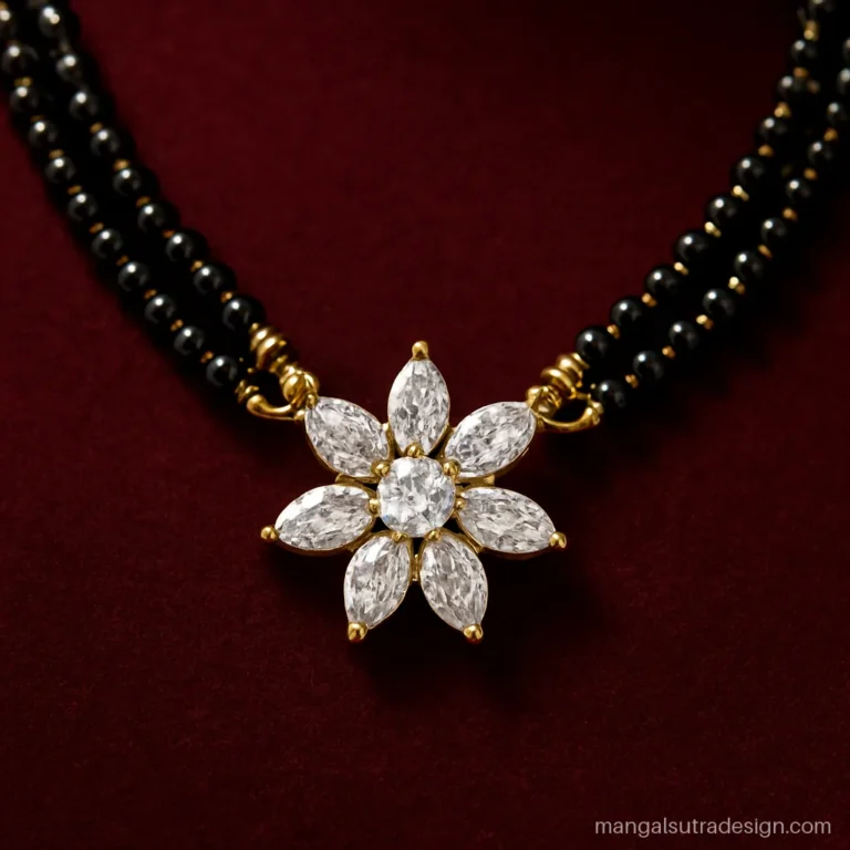 Diamond mangalsutra design with a floral cluster of marquise petals and round centre