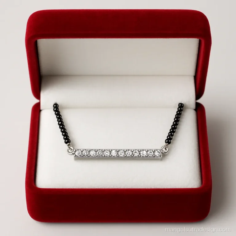 Black diamond mangalsutra with a slim white gold bar of alternating black and white diamonds