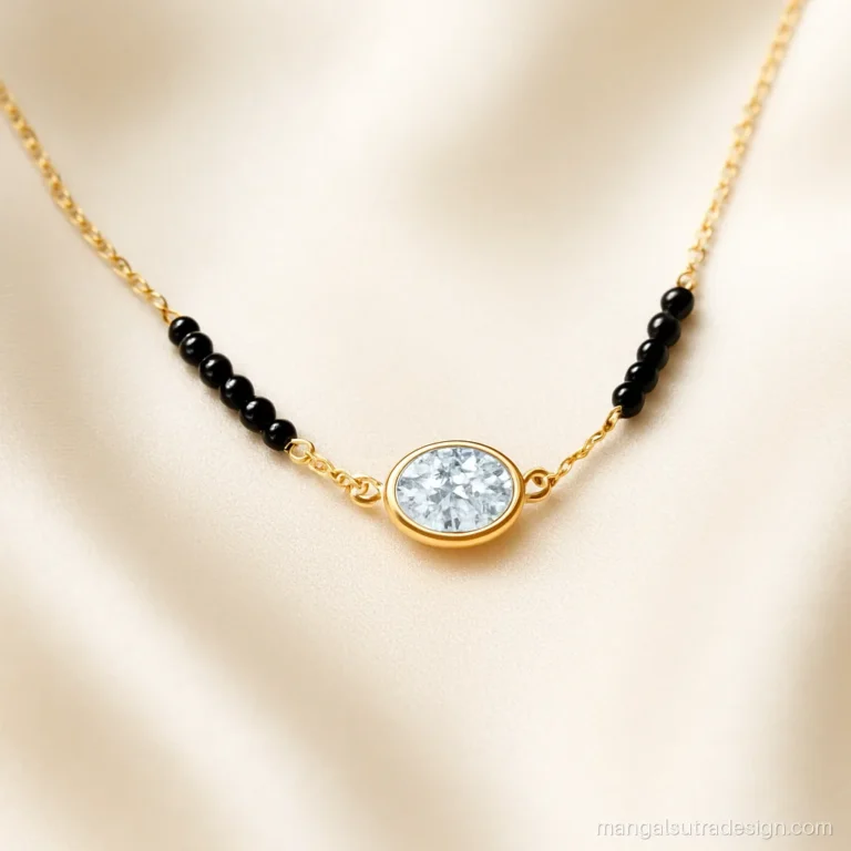 Lab grown diamond mangalsutra with an east west oval stone on a fine chain