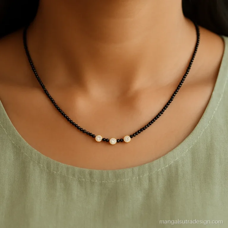 Daily wear diamond mangalsutra with three small bezel set diamonds on a black bead strand