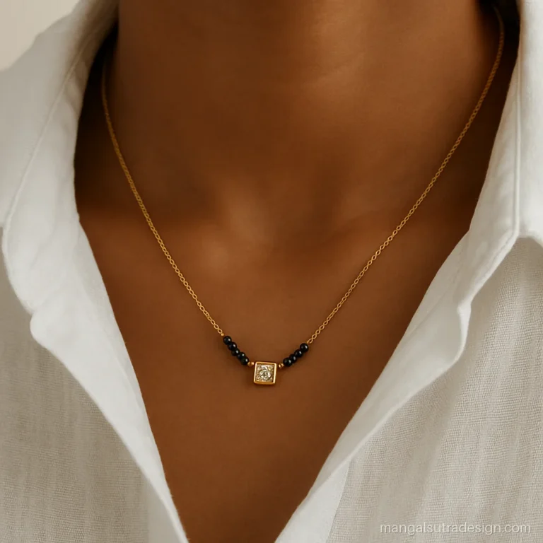 Single diamond mangalsutra with a princess cut stone in a square bezel on a gold chain
