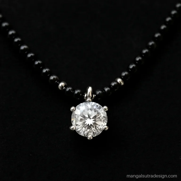 Solitaire mangalsutra with a round diamond in a six prong white gold setting
