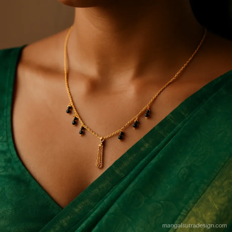 Mangalsutra necklace gold with anchor chain, black bead loops and a small tassel