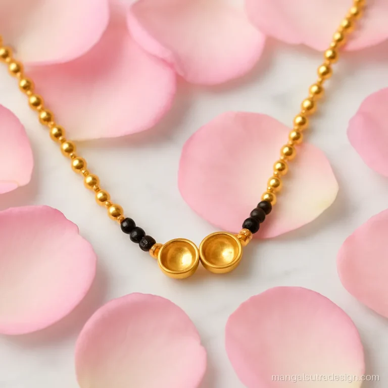 Golden mangalsutra on a gold ball chain with a mini vati pair