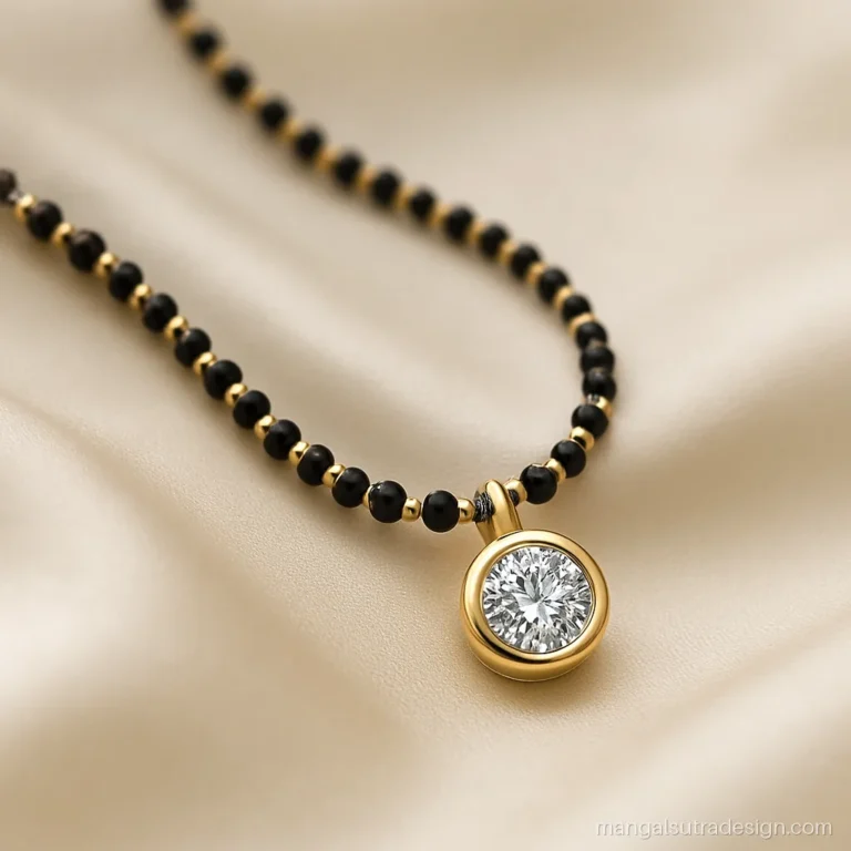 Yellow gold mangalsutra design with a bezel set solitaire diamond on black beads