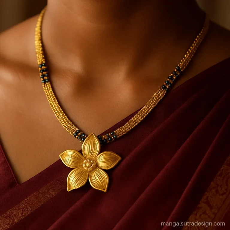 Heavy gold ka mangalsutra with broad mesh chain and a large floral pendant