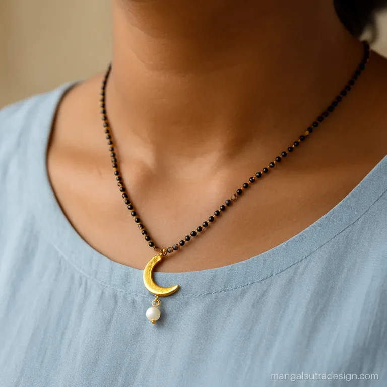 Gold crescent moon mangalsutra pendant with a small pearl drop on kurti