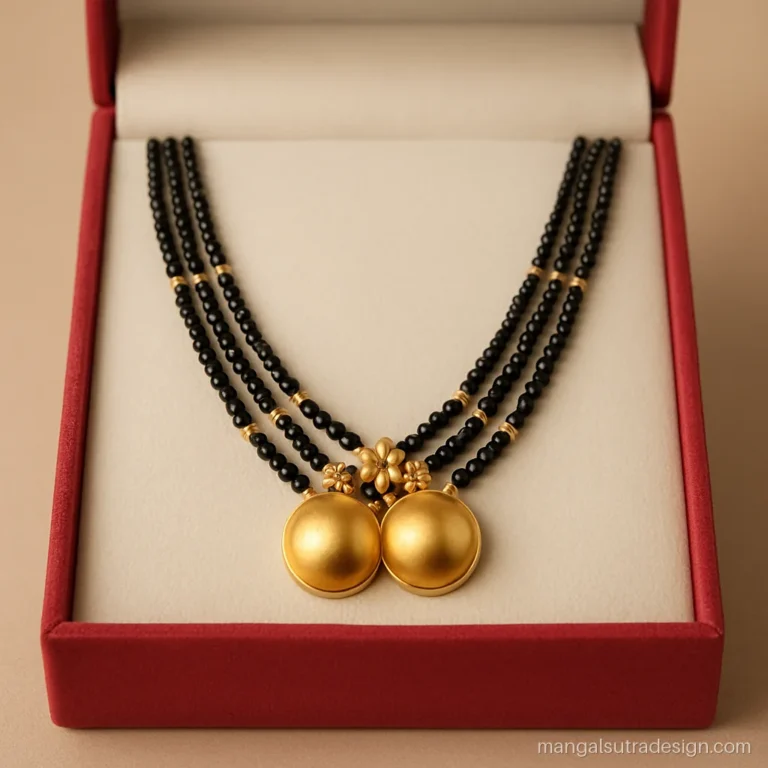 Long gold mangalsutra design with five black bead strands and a double vati pendant
