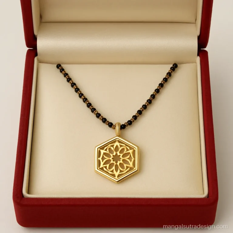 Mangalsutra design gold with a hexagon cutwork pendant in an open red box