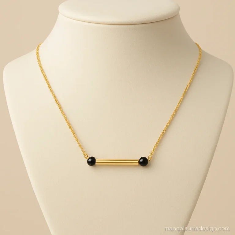 Yellow gold mangalsutra with a slim horizontal bar pendant and black bead ends