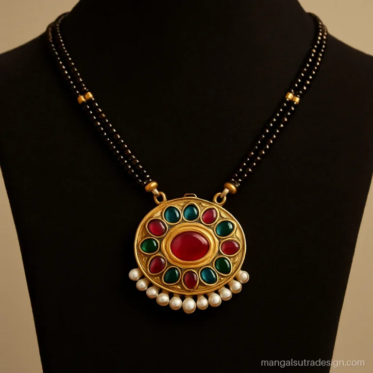 Gold mangalsutra with a kundan style pendant of red and green stones