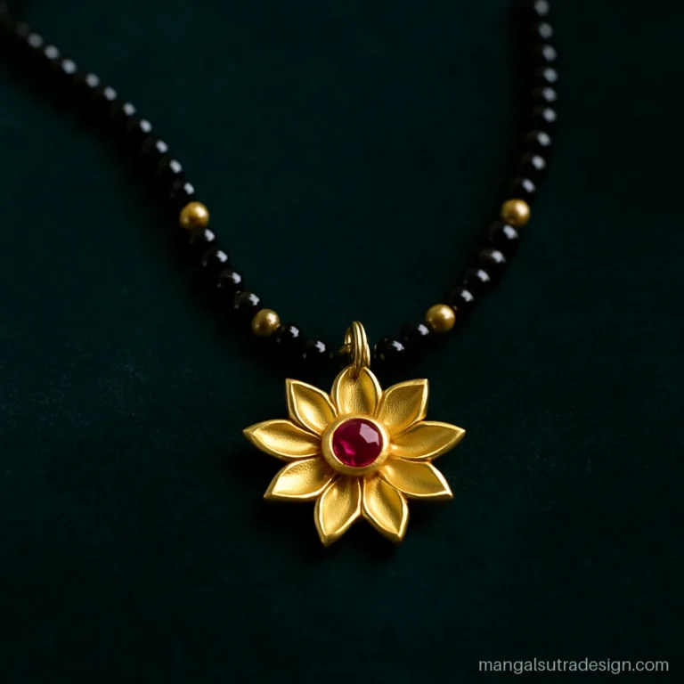Gold mangalsutra pendant in a lotus shape with a small ruby centre