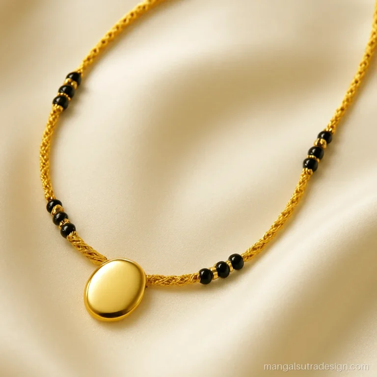 Gold mangalsutra on a twisted rope chain with black bead stations and an oval pendant