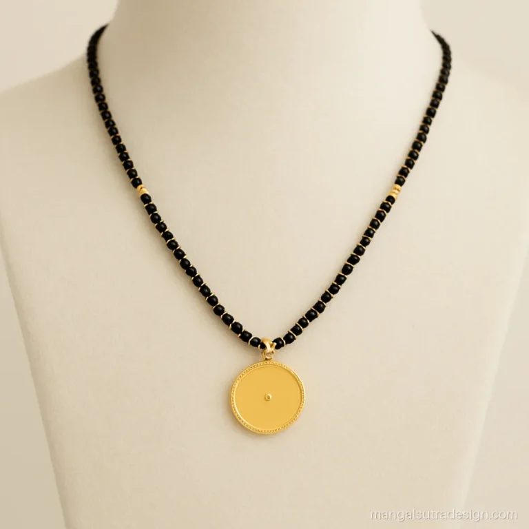 Sone ka mangalsutra with round milgrain coin pendant on a single black bead strand