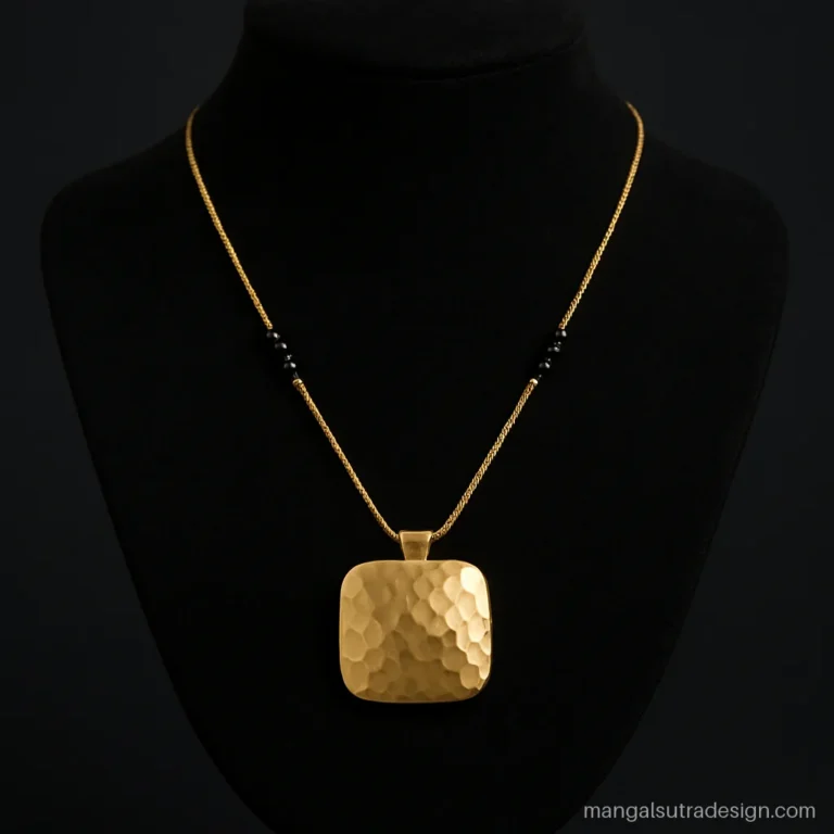Gold mangalsutra square pendant with hammered texture on a fine box chain
