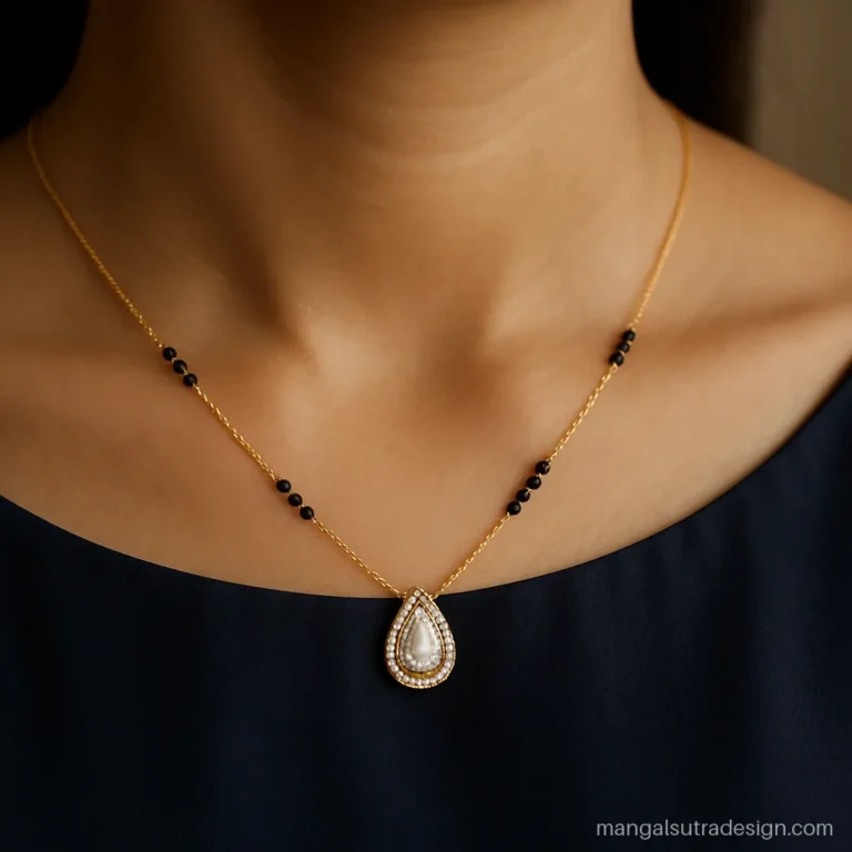 Gold mangalsutra with teardrop diamond halo pendant worn with a boat neck blouse