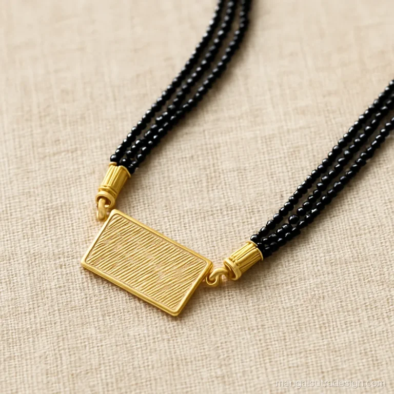 Gold mangalsutra design with three black bead strands and an engraved rectangle plate