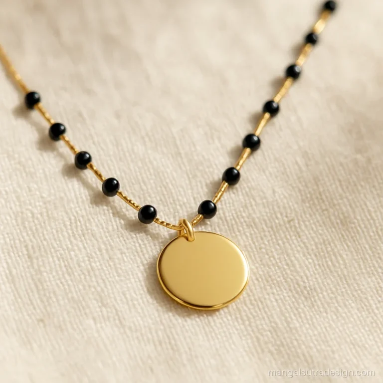 Light gold mangalsutra with spaced single black beads and a tiny gold disc