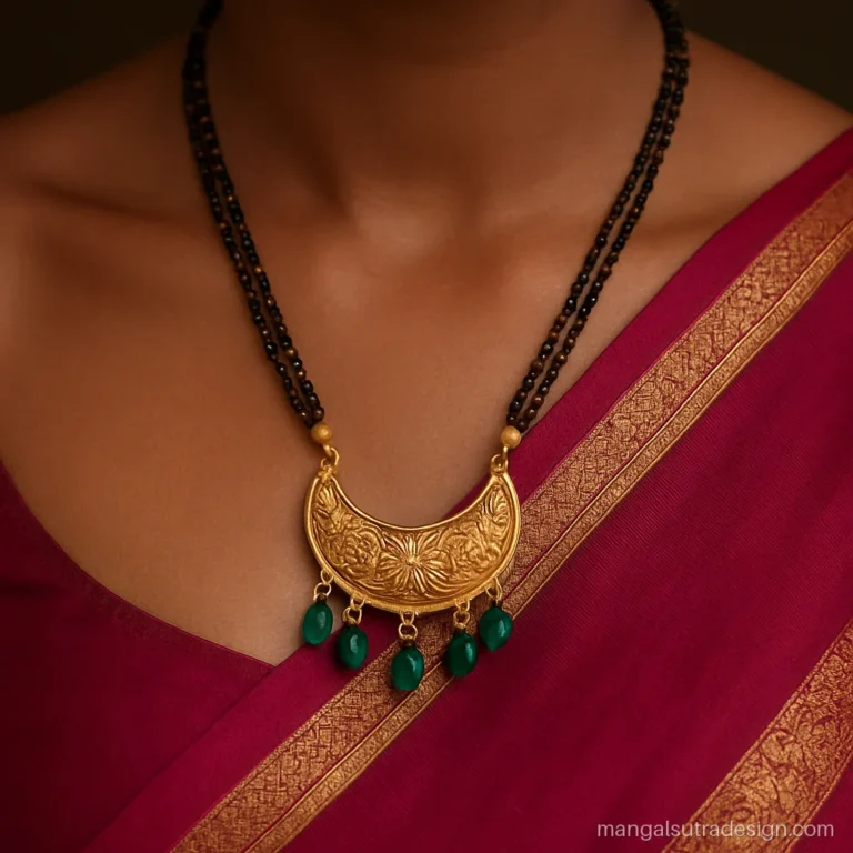 Woman wearing an antique mangalsutra with a matte pendant and emerald drops over a silk saree