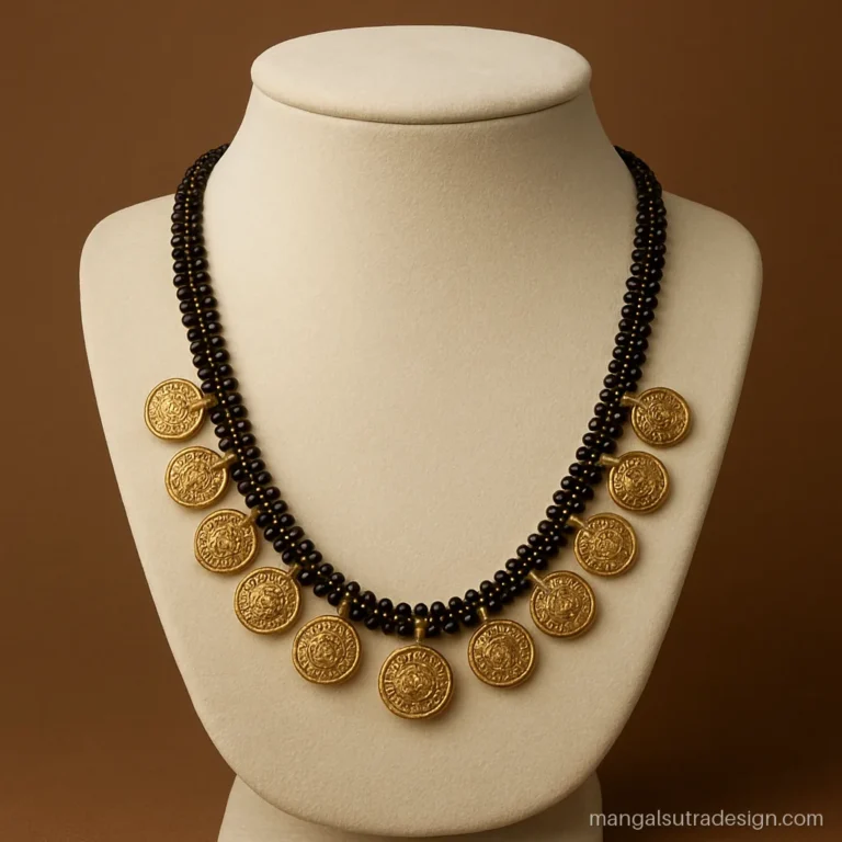 Antique mangalsutra design with a row of nakshi engraved gold coins along black beads