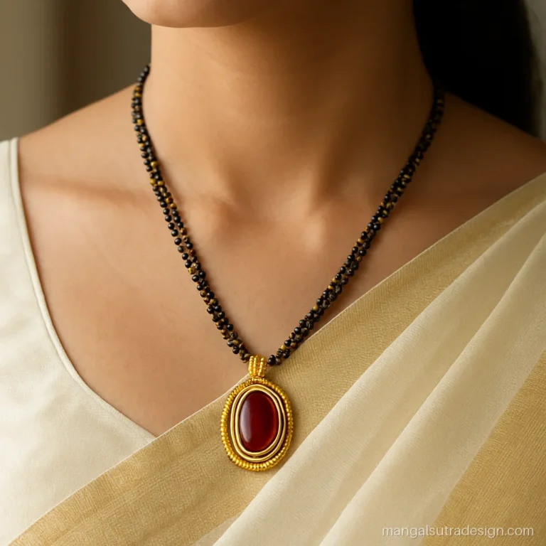 Woman wearing a big oval gold mangalsutra pendant with a ruby centre over a silk saree