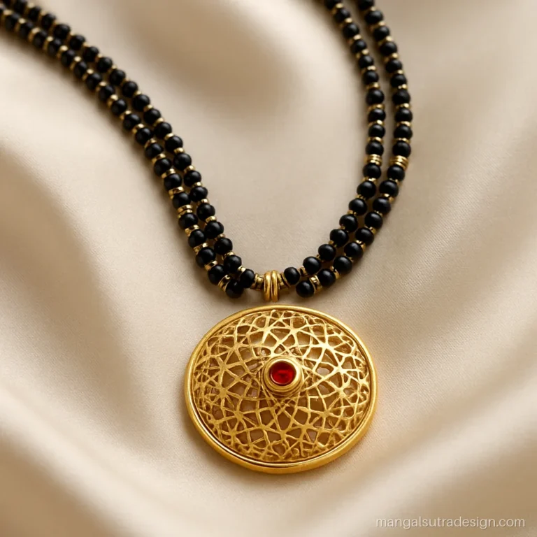 Big mangalsutra design with a 55 mm round jali medallion pendant on a double strand