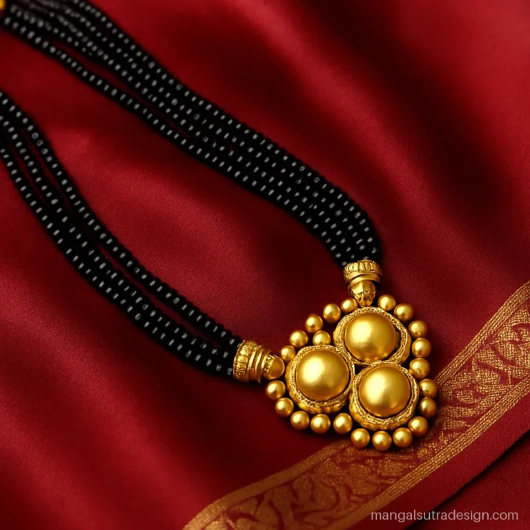 Heavy bridal gold mangalsutra design with five black bead strands and a central vati cluster