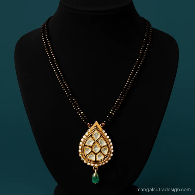 Wedding mangalsutra design with a large kundan kairi pendant and polki stones on a jewellery bust