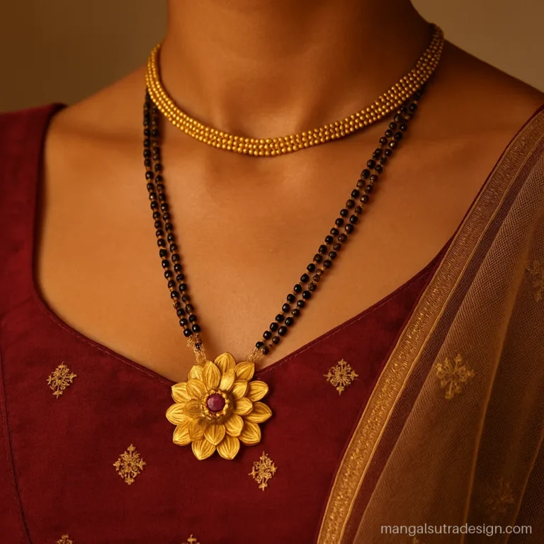 Woman wearing a heavy two line bridal mangalsutra with a big gold flower pendant and lehenga