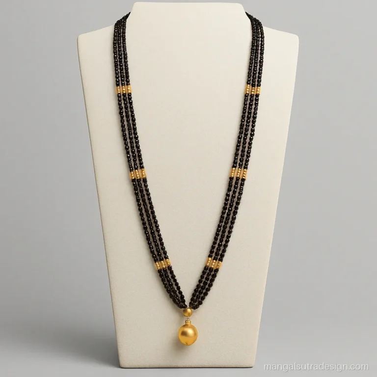 Long heavy mangalsutra with four black bead strands, gold caps and a small vati drop