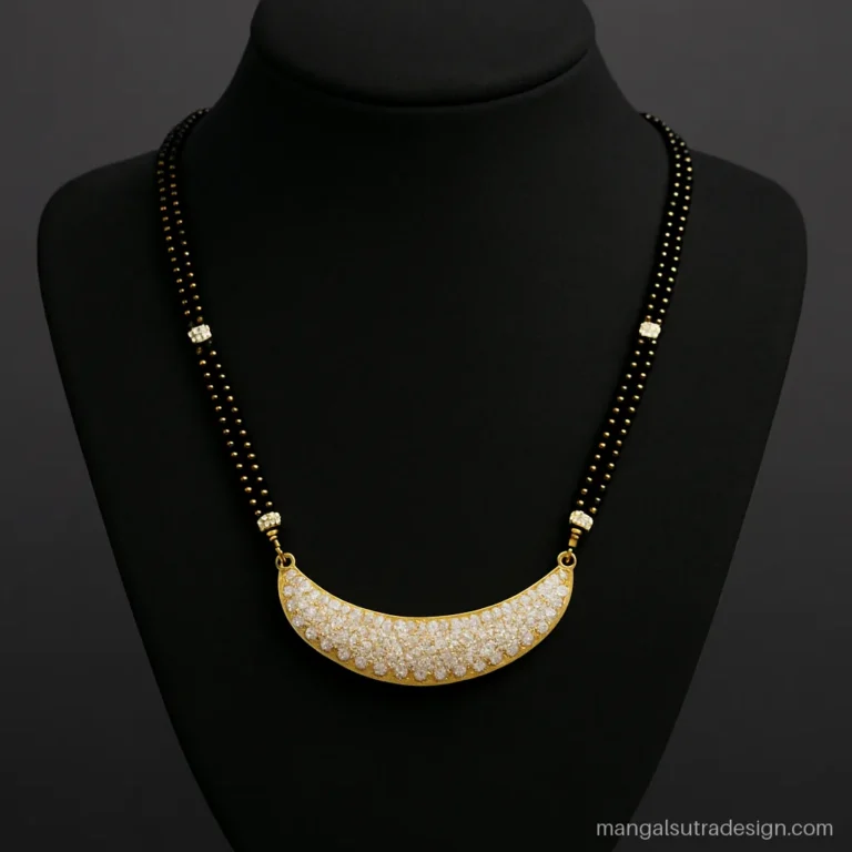 Modern heavy mangalsutra with a wide curved diamond collar pendant on a jewellery bust