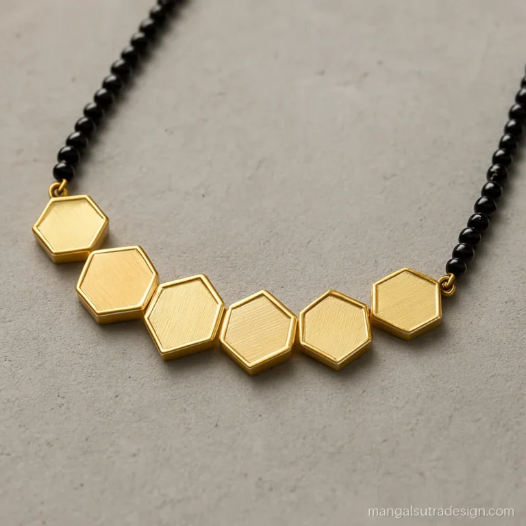 Gold modern heavy mangalsutra design with linked geometric panels and black bead sections
