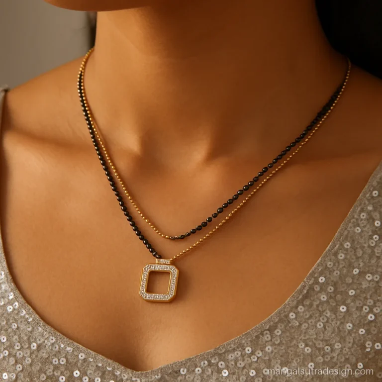 Woman wearing a modern heavy two tone layered mangalsutra with a sleeveless reception blouse