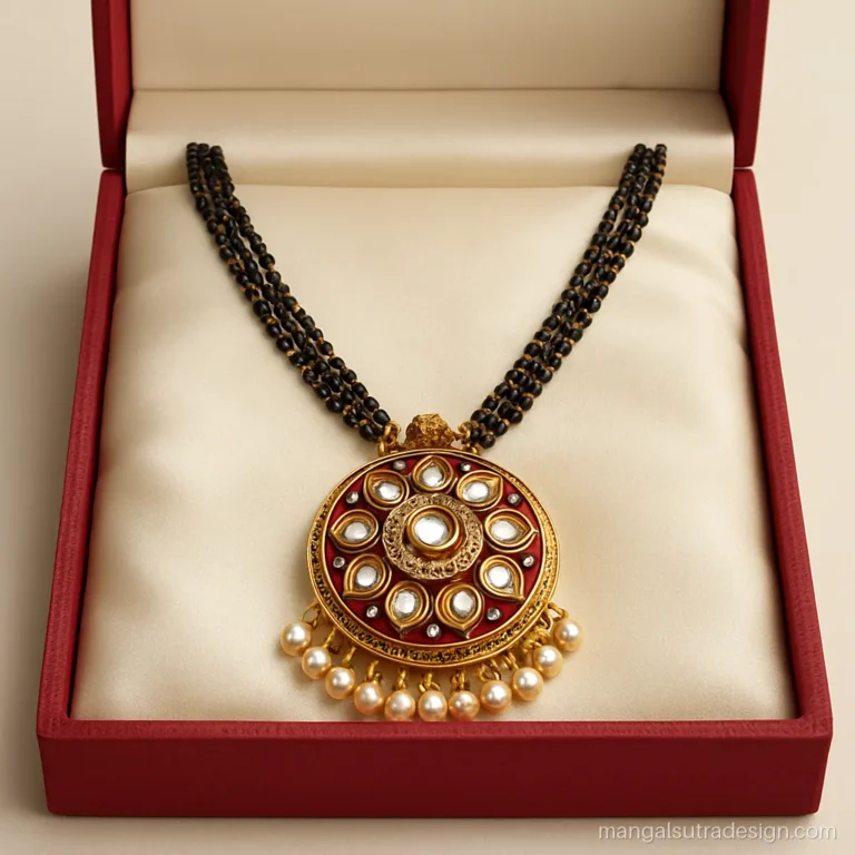 Royal Rajwadi mangalsutra with a kundan front and meenakari back in an open jewellery box