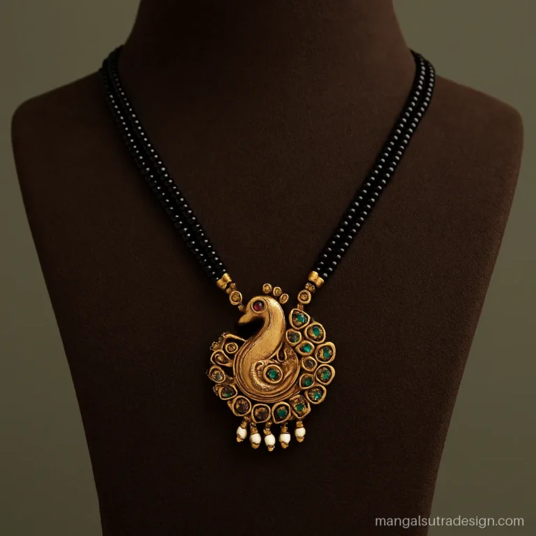 Royal antique mangalsutra with a peacock pendant, ruby eye and seed pearl strings on a bust