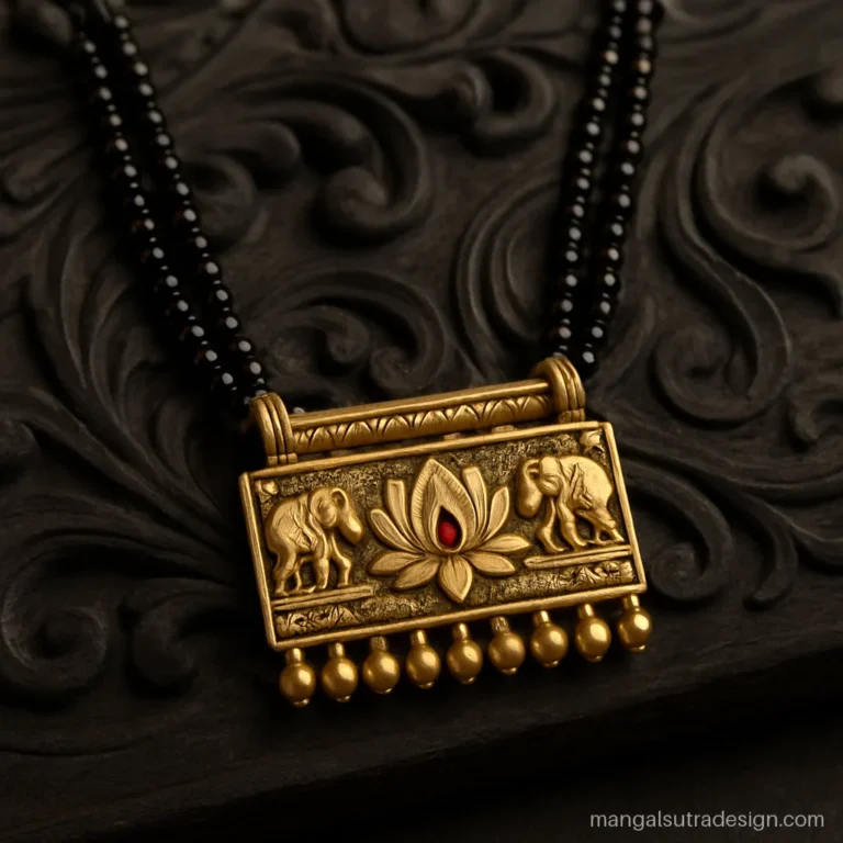 Temple mangalsutra design with a lotus and twin elephant pendant in matte antique gold