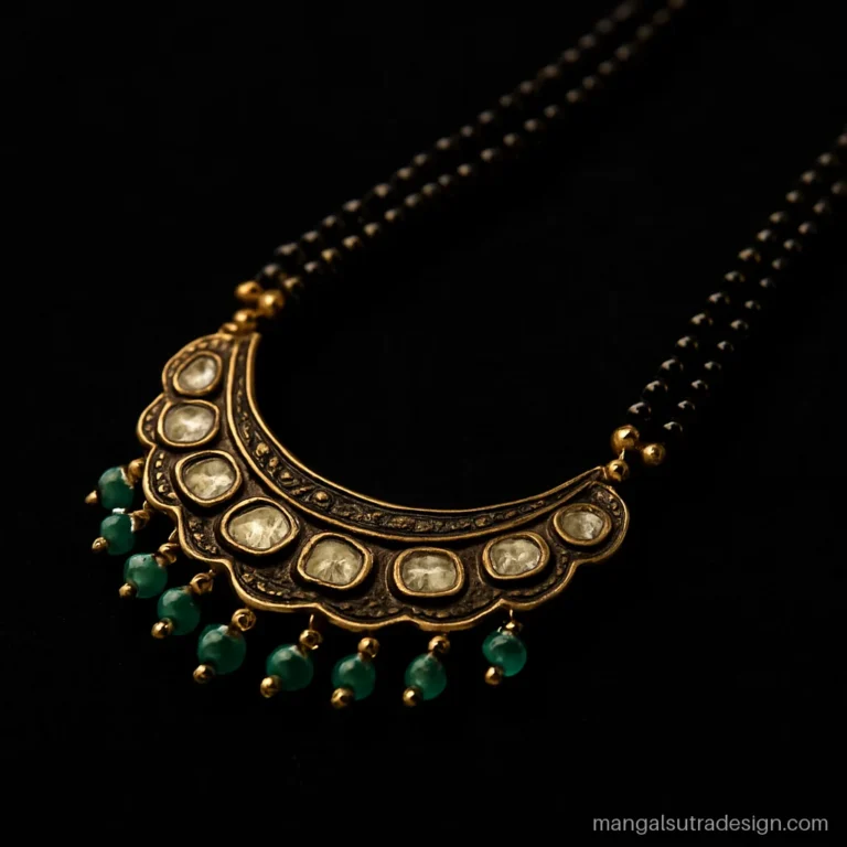 Victorian mangalsutra design with a dark finish crescent pendant, diamonds and emerald beads