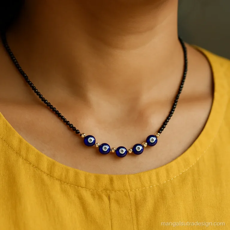 Evil eye mangalsutra with small blue eye beads mixed into the black bead strand