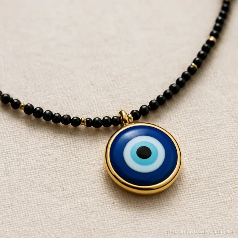 Evil eye mangalsutra with a round blue enamel eye in a gold frame